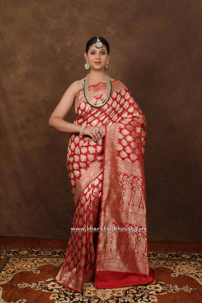 Handloom Banarasi Pure Katan Silk Floral Booti In Shades Of Red - Bharat Silk House Opara Silk