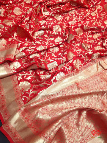 Handloom Banarasi Pure Katan Silk Floral Booti In Shades Of Red - Bharat Silk House Opara Silk