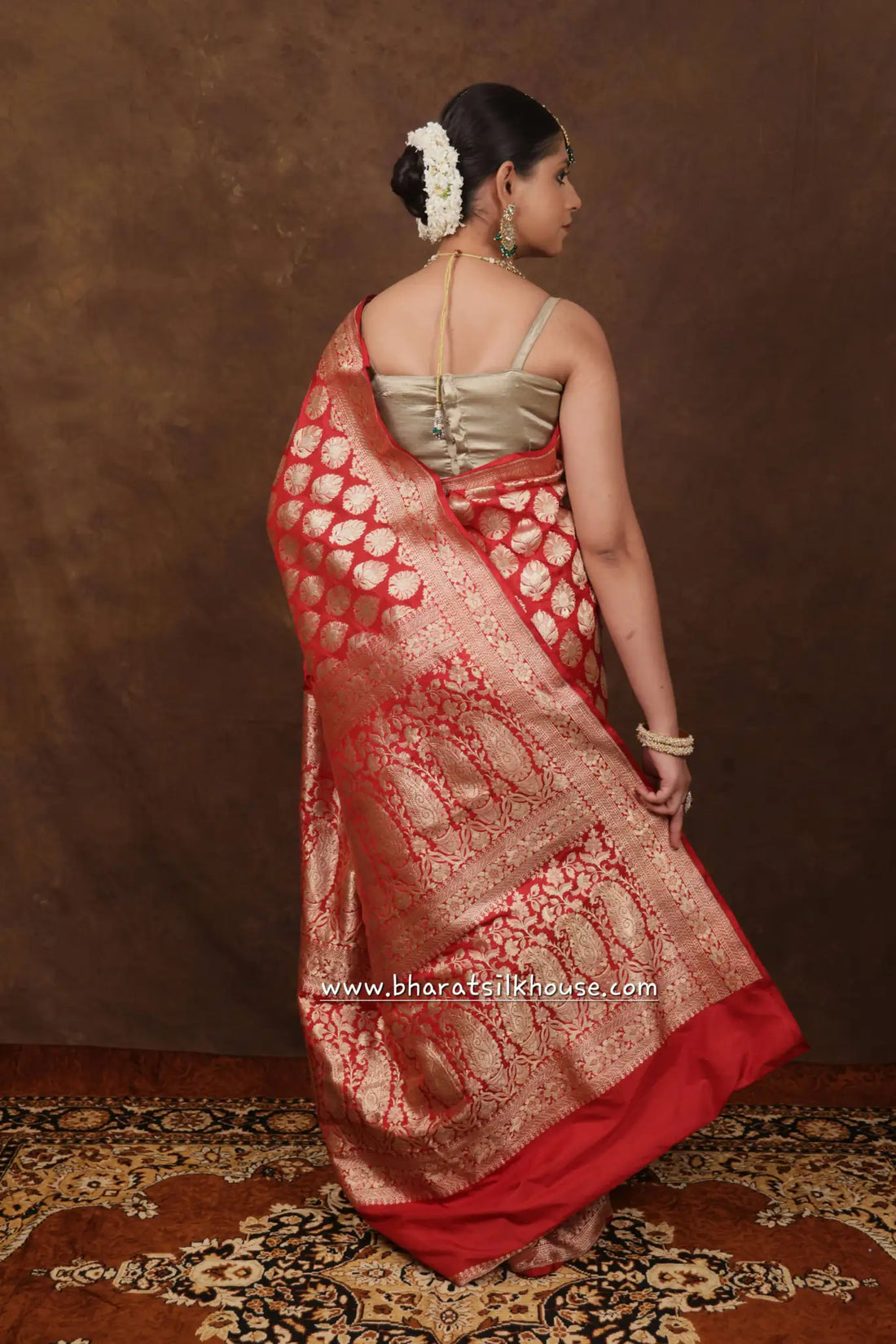 Handloom Banarasi Pure Katan Silk Floral Booti In Shades Of Red - Bharat Silk House Opara Silk