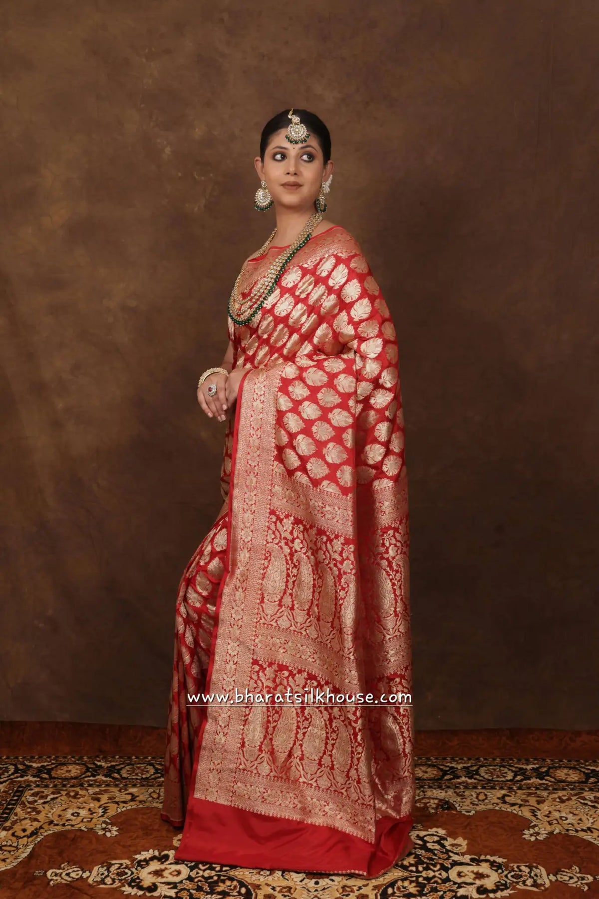 Handloom Banarasi Pure Katan Silk Floral Booti In Shades Of Red - Bharat Silk House Opara Silk