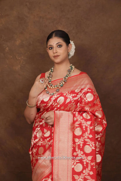 Handloom Banarasi Pure Katan Silk Floral Booti In Shades Of Red - Bharat Silk House Pure Kataan Silk