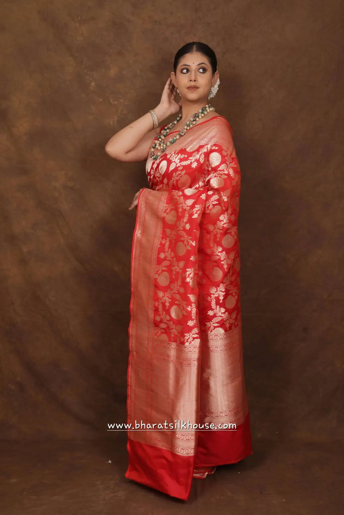 Handloom Banarasi Pure Katan Silk Floral Booti In Shades Of Red - Bharat Silk House Pure Kataan Silk