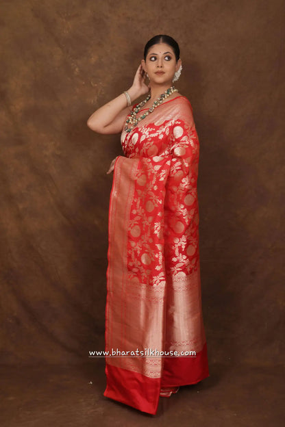 Handloom Banarasi Pure Katan Silk Floral Booti In Shades Of Red - Bharat Silk House Pure Kataan Silk