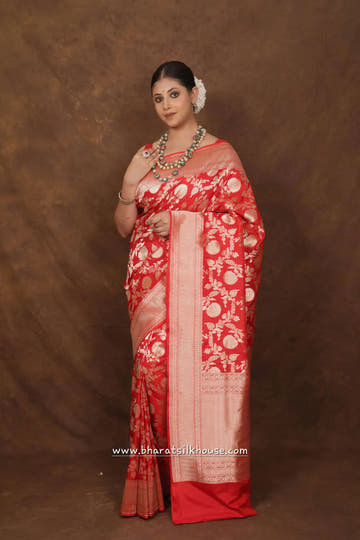Handloom Banarasi Pure Katan Silk Floral Booti In Shades Of Red - Bharat Silk House Pure Kataan Silk