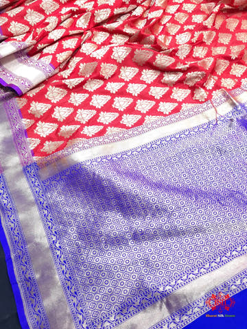 Handloom Banarasi Pure Katan Silk Floral Booti In Shades Of Red - Bharat Silk House Pure Kataan Silk