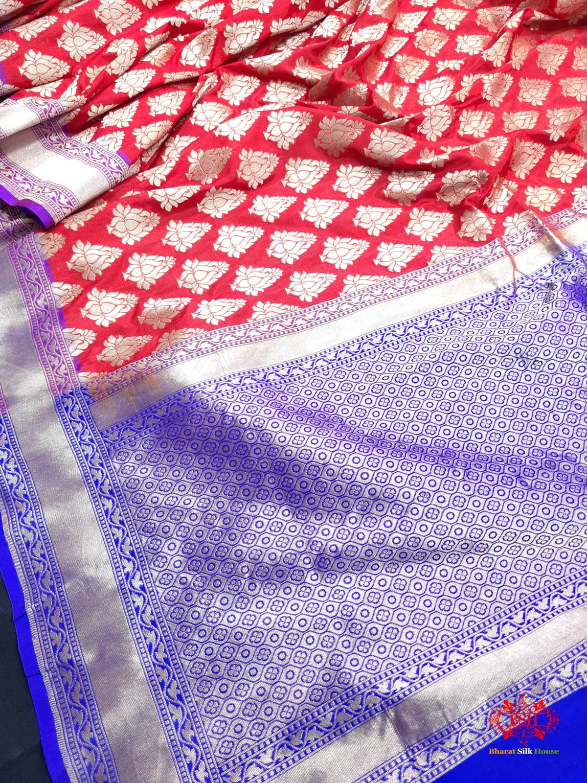 Handloom Banarasi Pure Katan Silk Floral Booti In Shades Of Red - Bharat Silk House Pure Kataan Silk