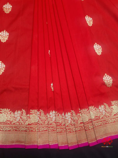 Handloom Banarasi Pure Katan Silk Floral Booti In Shades Of Red - Bharat Silk House Pure Kataan Silk