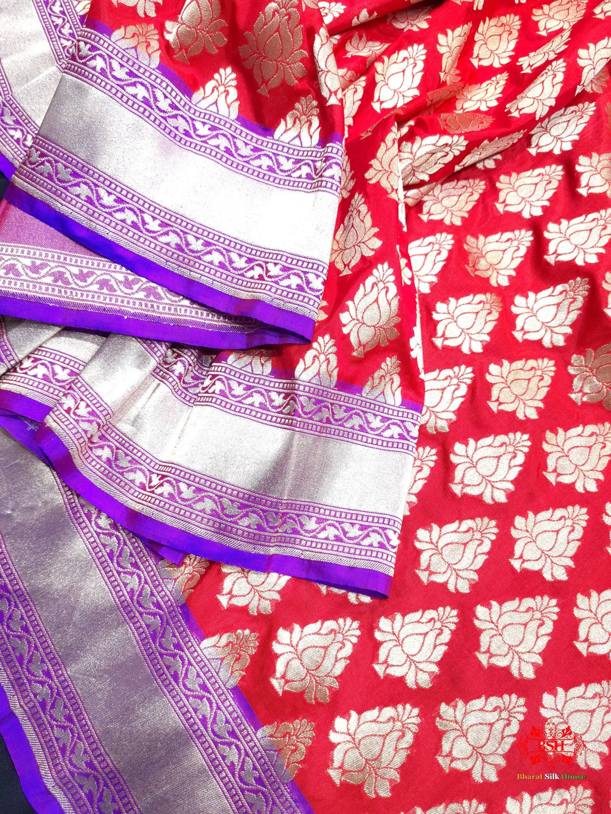 Handloom Banarasi Pure Katan Silk Floral Booti In Shades Of Red - Bharat Silk House Pure Kataan Silk