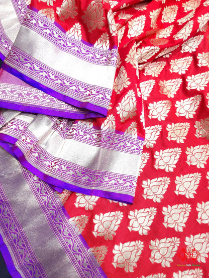 Handloom Banarasi Pure Katan Silk Floral Booti In Shades Of Red - Bharat Silk House Pure Kataan Silk