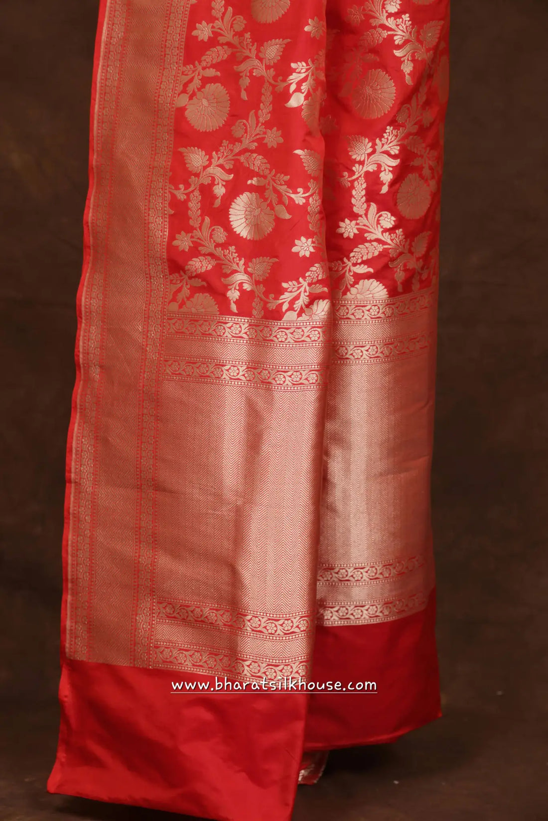 Handloom Banarasi Pure Katan Silk Floral Booti In Shades Of Red - Bharat Silk House Pure Kataan Silk
