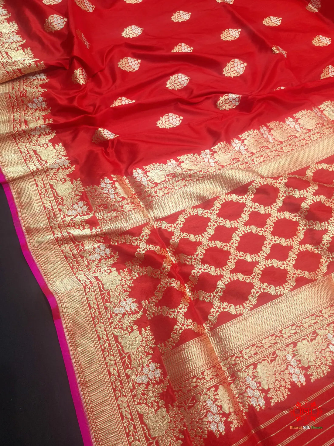 Handloom Banarasi Pure Katan Silk Floral Booti In Shades Of Red - Bharat Silk House Pure Kataan Silk