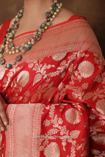 Handloom Banarasi Pure Katan Silk Floral Booti In Shades Of Red - Bharat Silk House Pure Kataan Silk