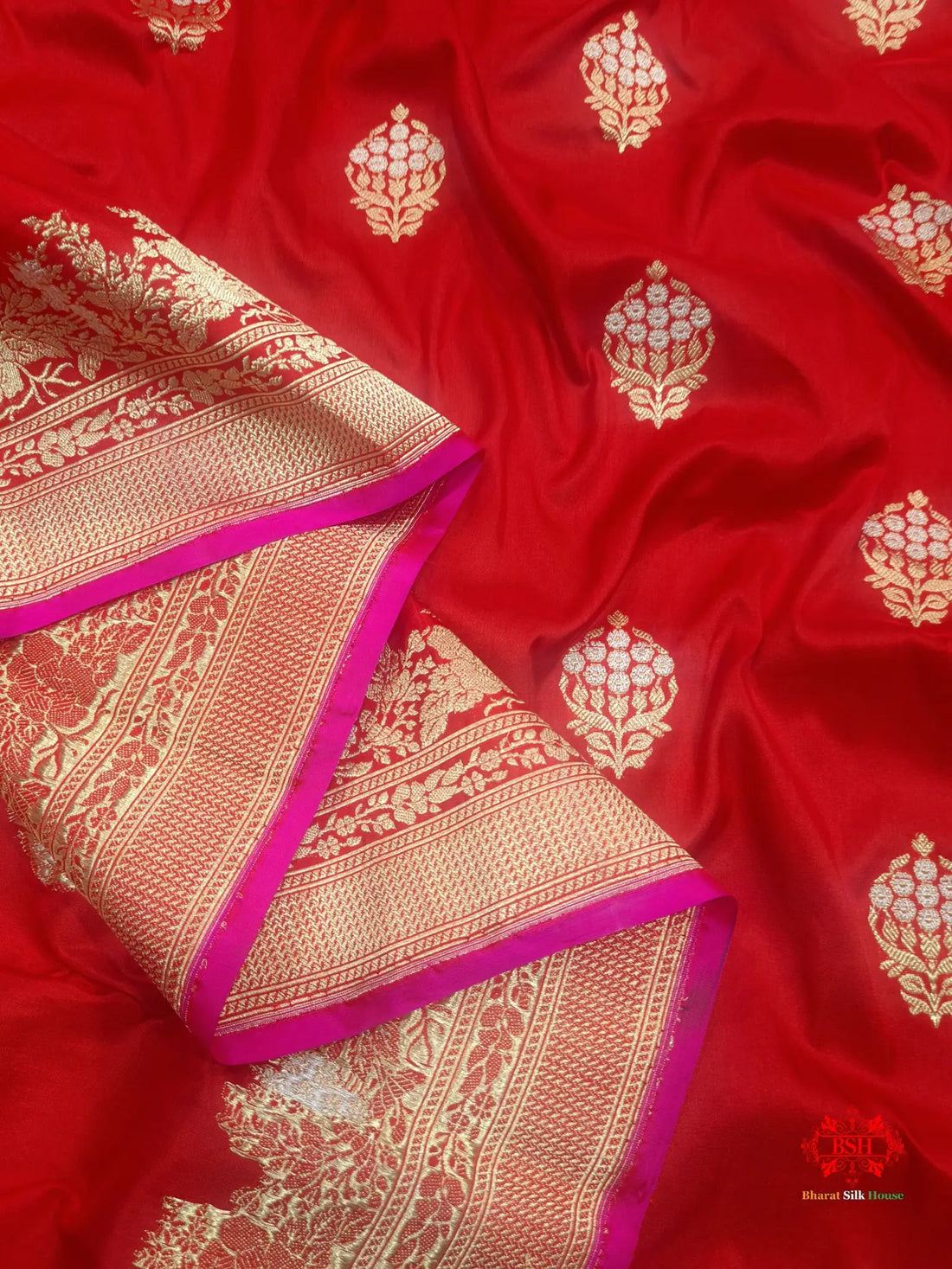 Handloom Banarasi Pure Katan Silk Floral Booti In Shades Of Red - Bharat Silk House Pure Kataan Silk