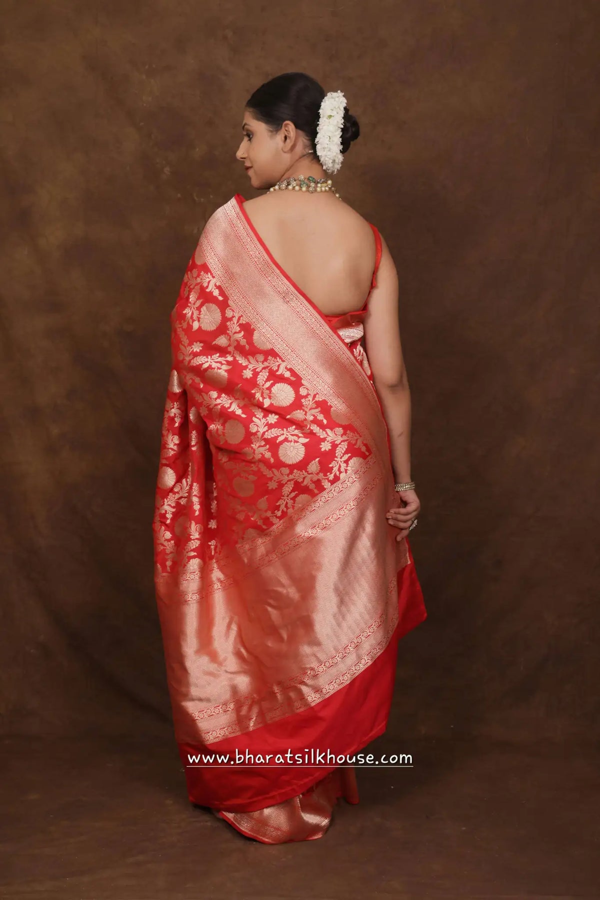 Handloom Banarasi Pure Katan Silk Floral Booti In Shades Of Red - Bharat Silk House Pure Kataan Silk