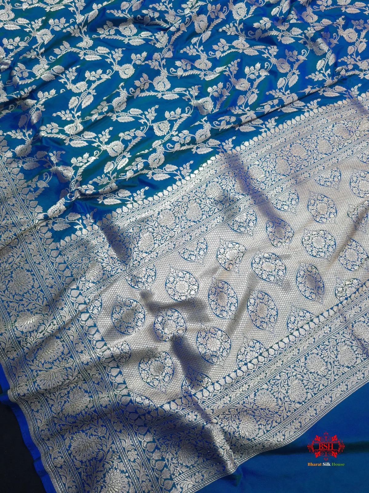 Handloom Banarasi Pure Katan Silk Floral Jaal Cross Color Of Blue - Bharat Silk House Pure Kataan Silk