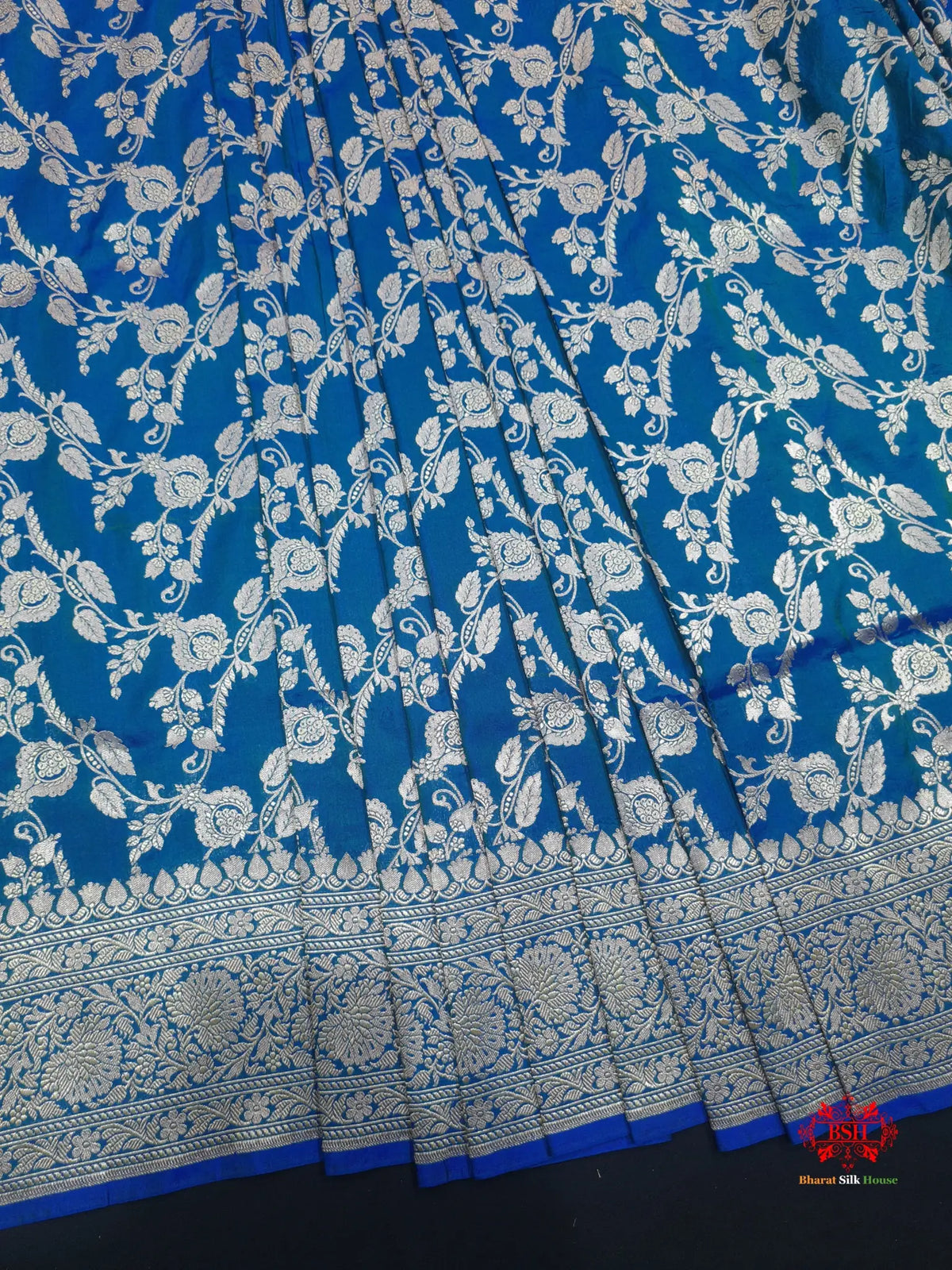 Handloom Banarasi Pure Katan Silk Floral Jaal Cross Color Of Blue - Bharat Silk House Pure Kataan Silk