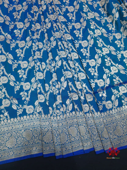 Handloom Banarasi Pure Katan Silk Floral Jaal Cross Color Of Blue - Bharat Silk House Pure Kataan Silk