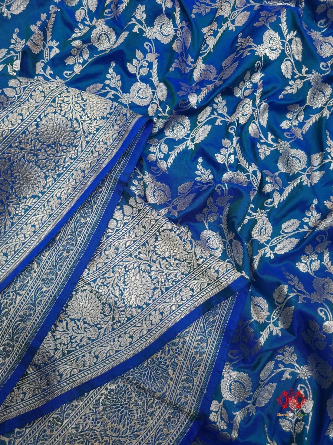 Handloom Banarasi Pure Katan Silk Floral Jaal Cross Color Of Blue - Bharat Silk House Pure Kataan Silk