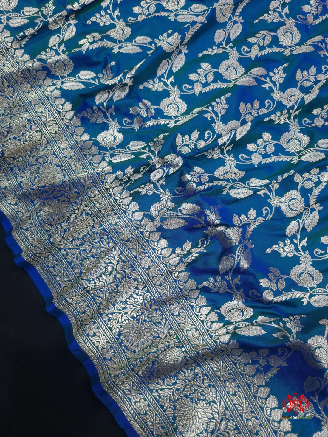 Handloom Banarasi Pure Katan Silk Floral Jaal Cross Color Of Blue - Bharat Silk House Pure Kataan Silk