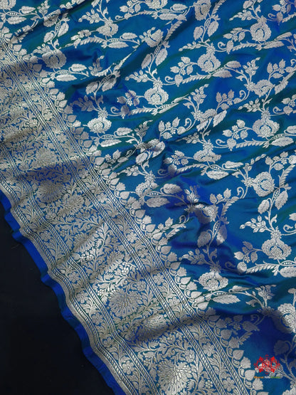 Handloom Banarasi Pure Katan Silk Floral Jaal Cross Color Of Blue - Bharat Silk House Pure Kataan Silk