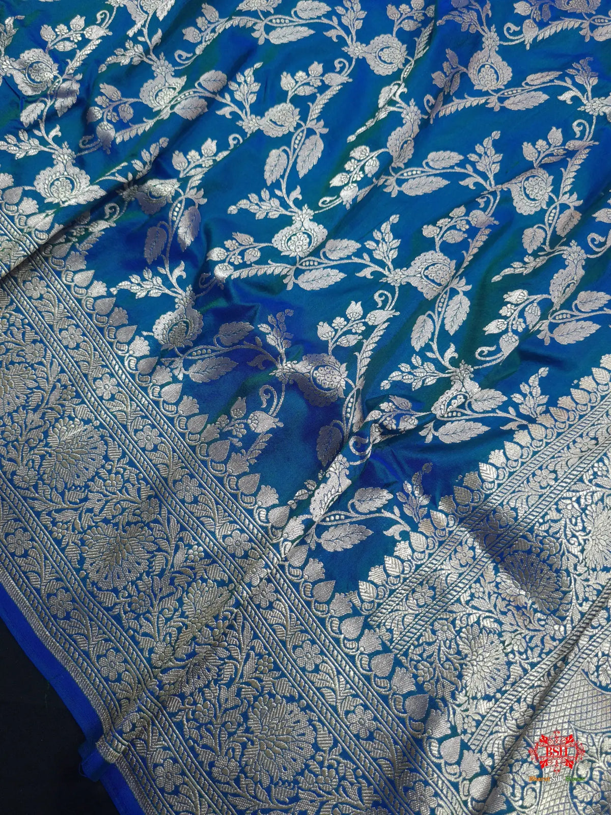 Handloom Banarasi Pure Katan Silk Floral Jaal Cross Color Of Blue - Bharat Silk House Pure Kataan Silk