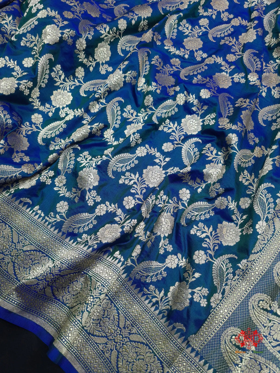 Handloom Banarasi Pure Katan Silk Floral Jaal In Shades Of Blue - Bharat Silk House Pure Kataan Silk