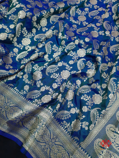 Handloom Banarasi Pure Katan Silk Floral Jaal In Shades Of Blue - Bharat Silk House Pure Kataan Silk