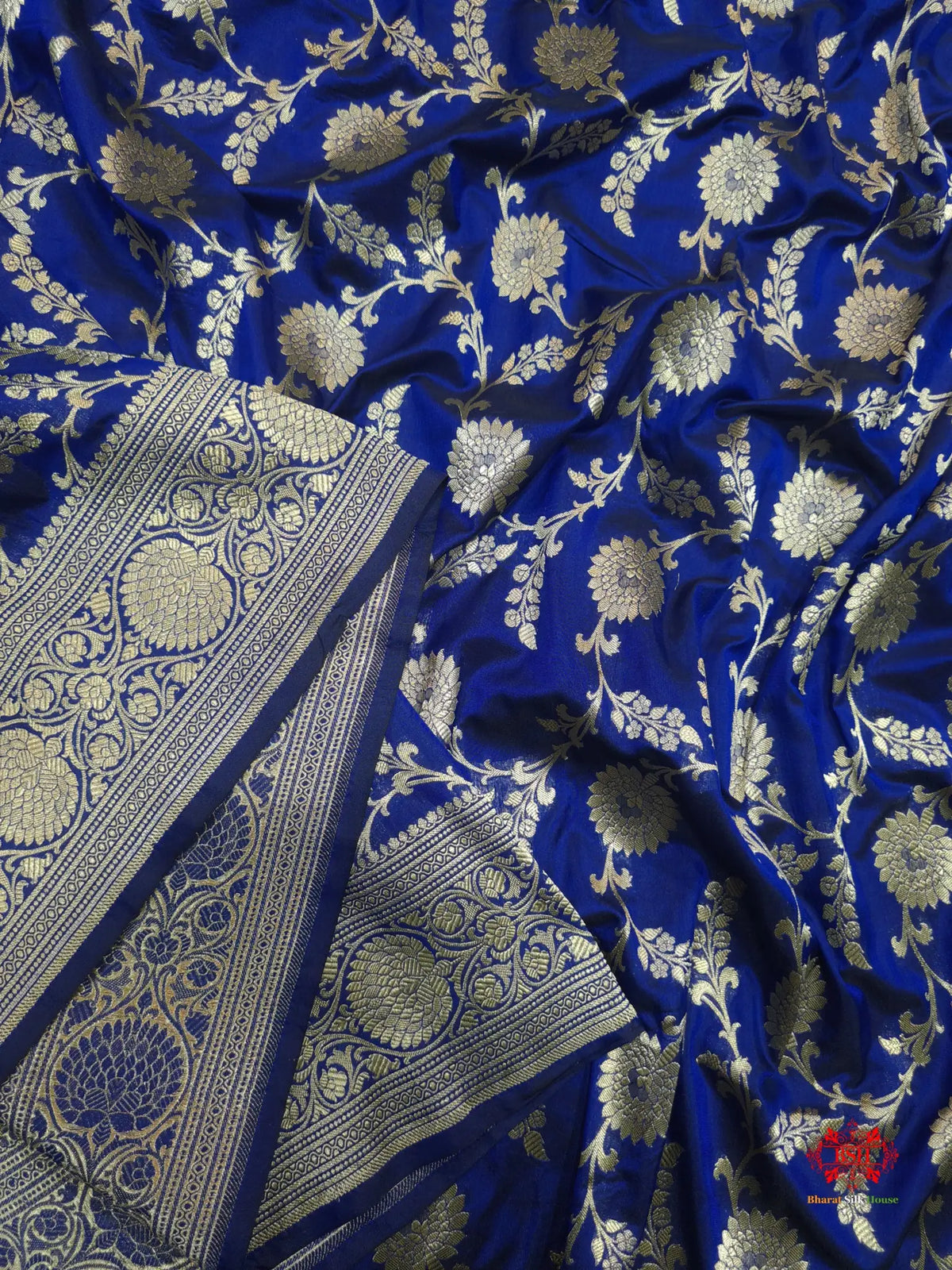 Handloom Banarasi Pure Katan Silk Floral Jaal In Shades Of Blue - Bharat Silk House Pure Kataan Silk