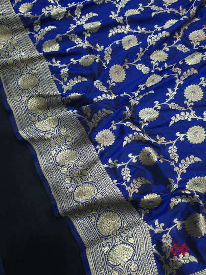 Handloom Banarasi Pure Katan Silk Floral Jaal In Shades Of Blue - Bharat Silk House Pure Kataan Silk