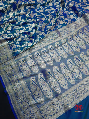 Handloom Banarasi Pure Katan Silk Floral Jaal In Shades Of Blue - Bharat Silk House Pure Kataan Silk