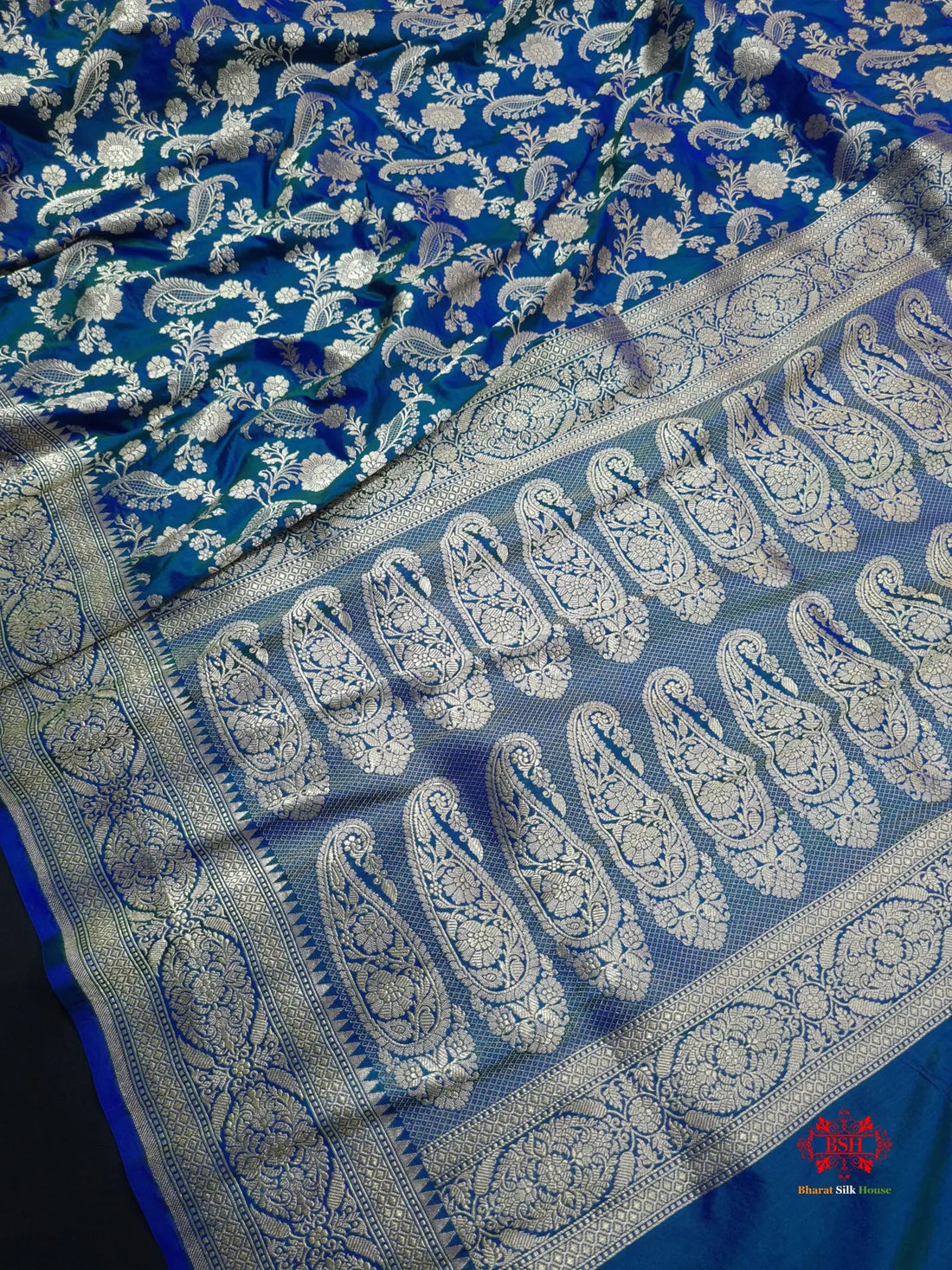 Handloom Banarasi Pure Katan Silk Floral Jaal In Shades Of Blue - Bharat Silk House Pure Kataan Silk