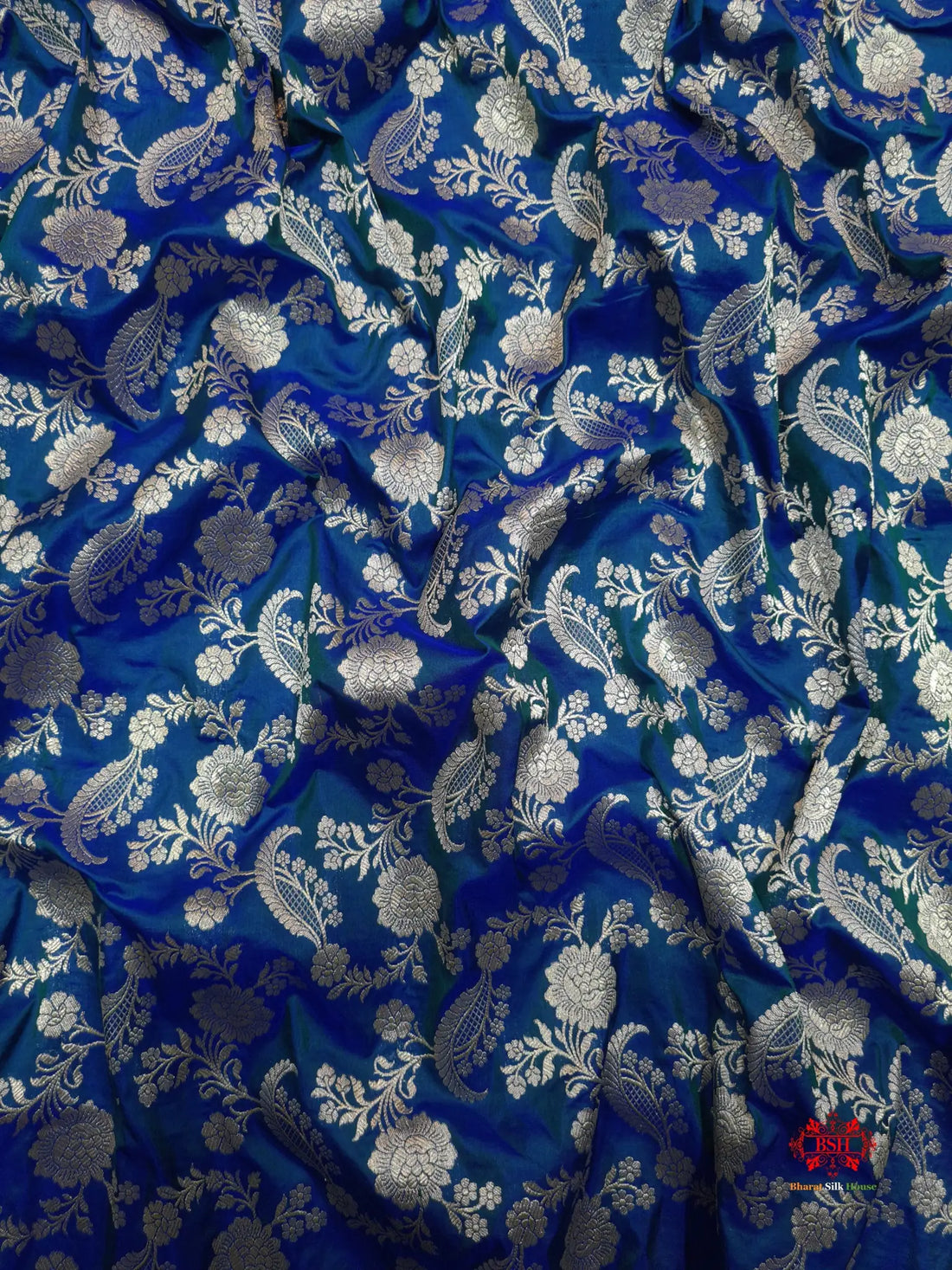Handloom Banarasi Pure Katan Silk Floral Jaal In Shades Of Blue - Bharat Silk House Pure Kataan Silk
