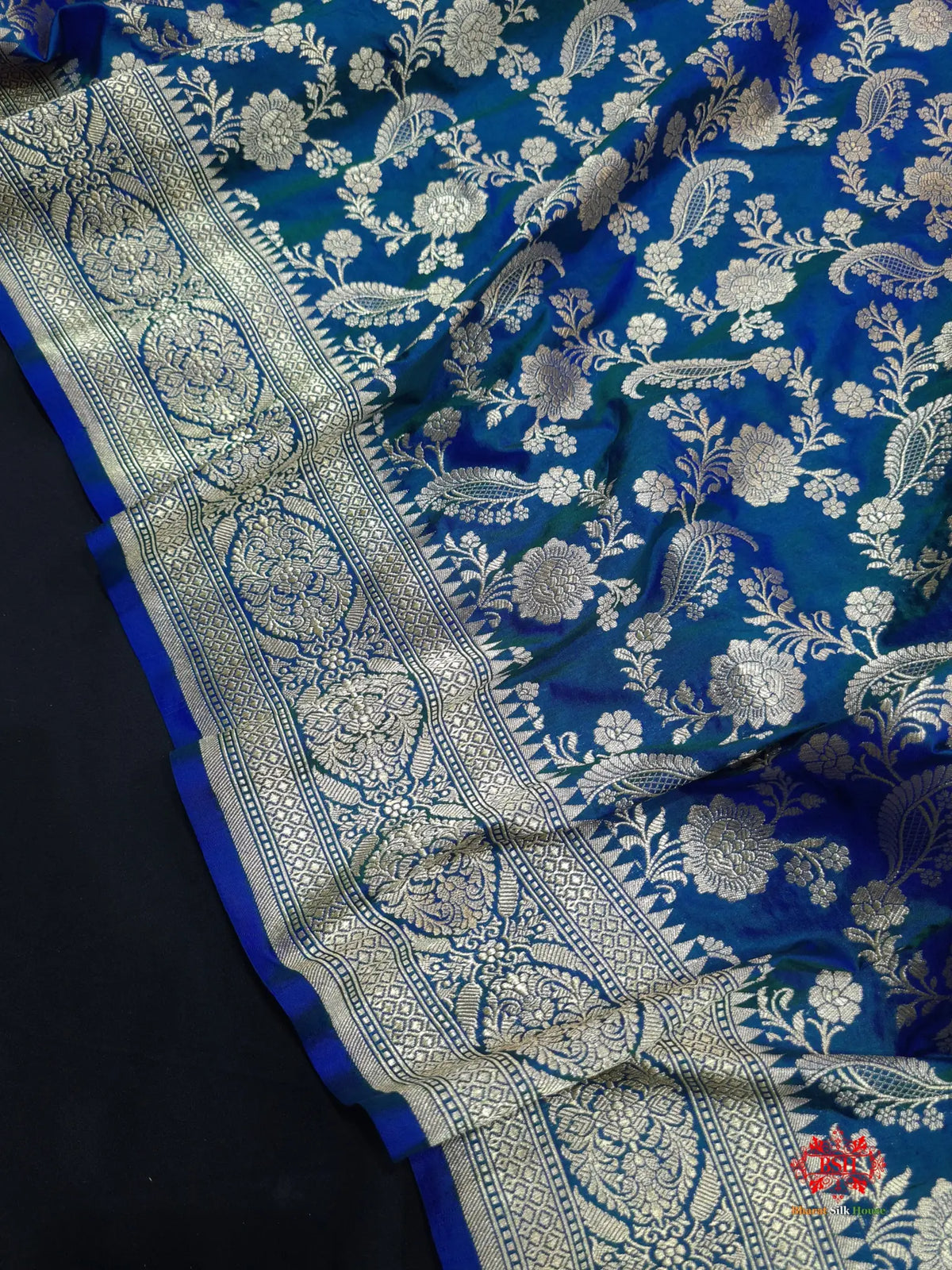 Handloom Banarasi Pure Katan Silk Floral Jaal In Shades Of Blue - Bharat Silk House Pure Kataan Silk