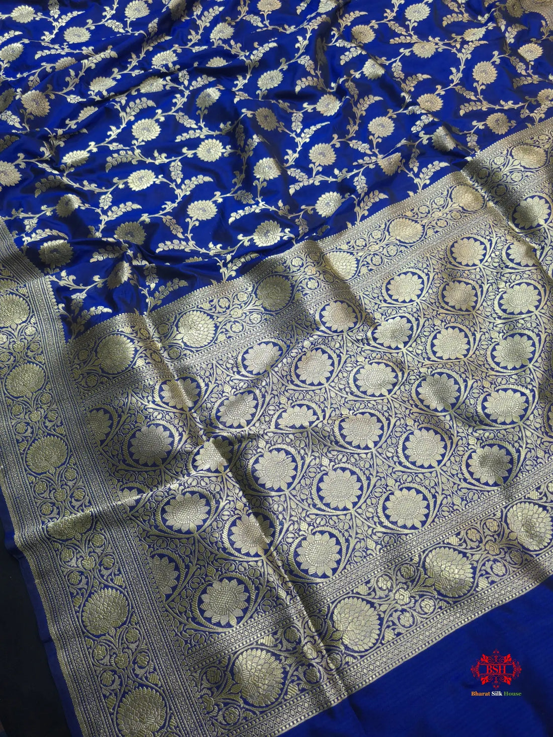 Handloom Banarasi Pure Katan Silk Floral Jaal In Shades Of Blue - Bharat Silk House Pure Kataan Silk