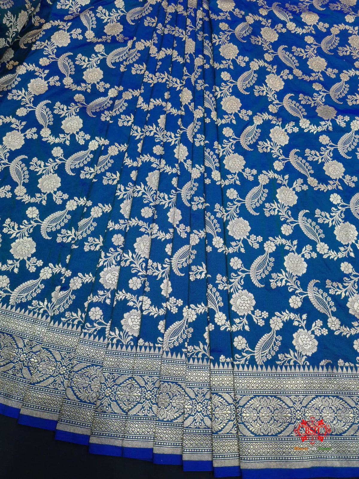 Handloom Banarasi Pure Katan Silk Floral Jaal In Shades Of Blue - Bharat Silk House Pure Kataan Silk