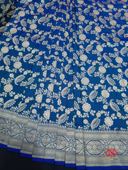 Handloom Banarasi Pure Katan Silk Floral Jaal In Shades Of Blue - Bharat Silk House Pure Kataan Silk