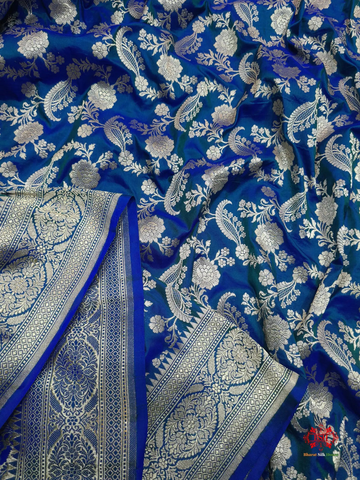 Handloom Banarasi Pure Katan Silk Floral Jaal In Shades Of Blue - Bharat Silk House Pure Kataan Silk
