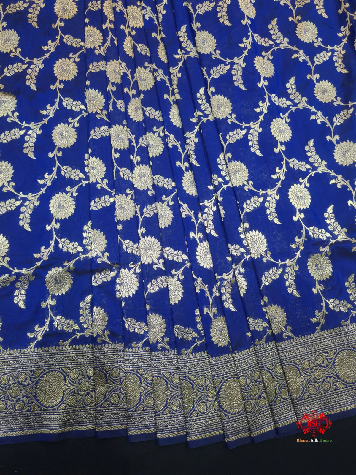 Handloom Banarasi Pure Katan Silk Floral Jaal In Shades Of Blue - Bharat Silk House Pure Kataan Silk