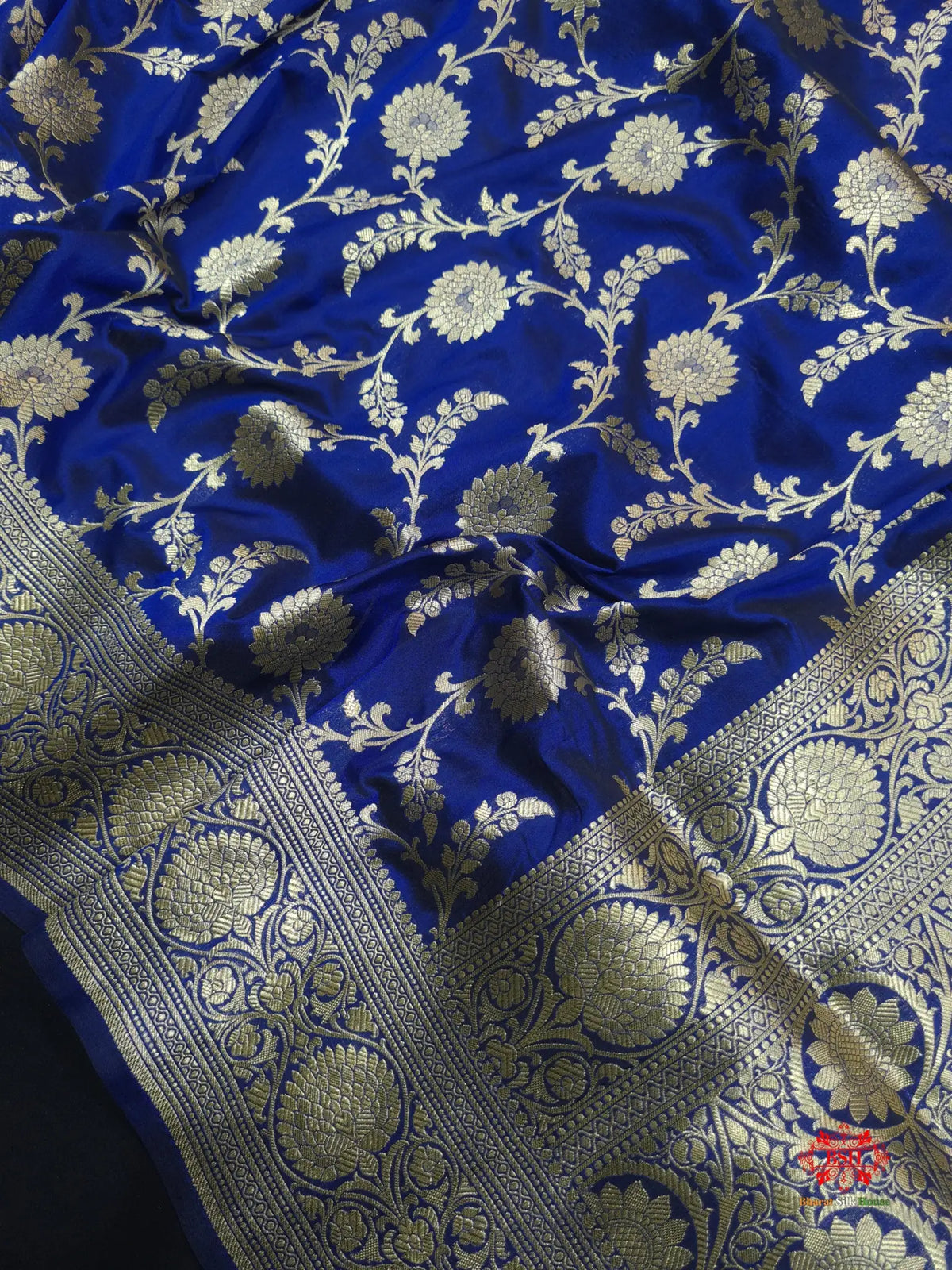 Handloom Banarasi Pure Katan Silk Floral Jaal In Shades Of Blue - Bharat Silk House Pure Kataan Silk