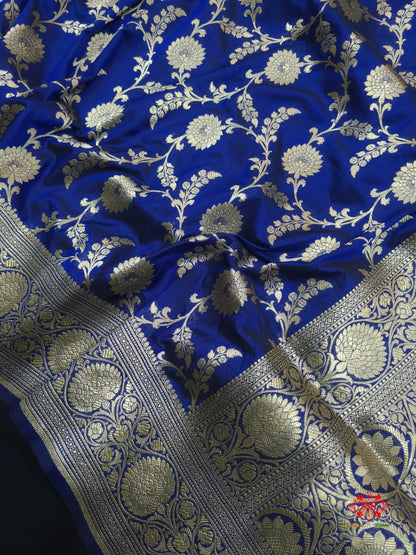 Handloom Banarasi Pure Katan Silk Floral Jaal In Shades Of Blue - Bharat Silk House Pure Kataan Silk