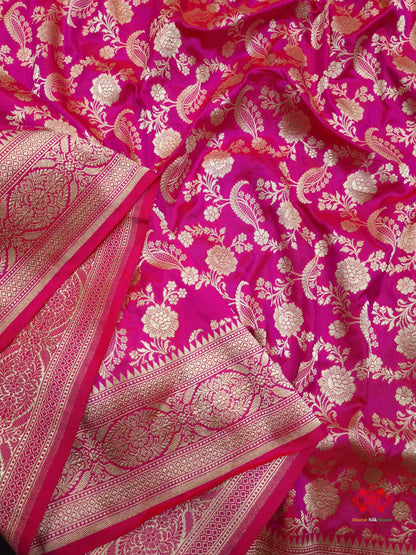 Handloom Banarasi Pure Katan Silk Floral Jaal In Shades Of Pink - Bharat Silk House Pure Kataan Silk