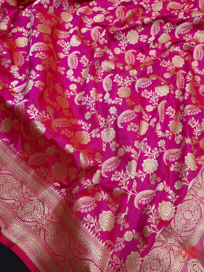 Handloom Banarasi Pure Katan Silk Floral Jaal In Shades Of Pink - Bharat Silk House Pure Kataan Silk