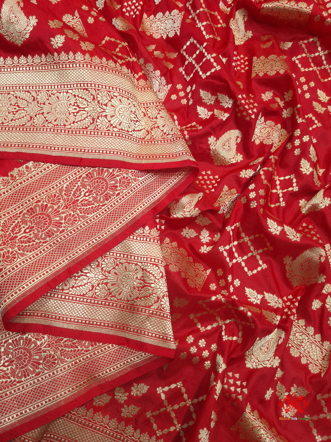 Handloom Banarasi Pure Katan Silk Floral Jaal In Shades Of Red - Bharat Silk House