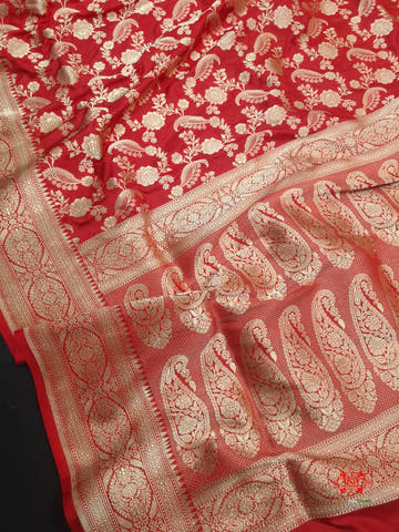 Handloom Banarasi Pure Katan Silk Floral Jaal In Shades Of Red - Bharat Silk House Pure Kataan Silk