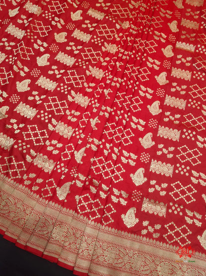 Handloom Banarasi Pure Katan Silk Floral Jaal In Shades Of Red - Bharat Silk House Pure Kataan Silk
