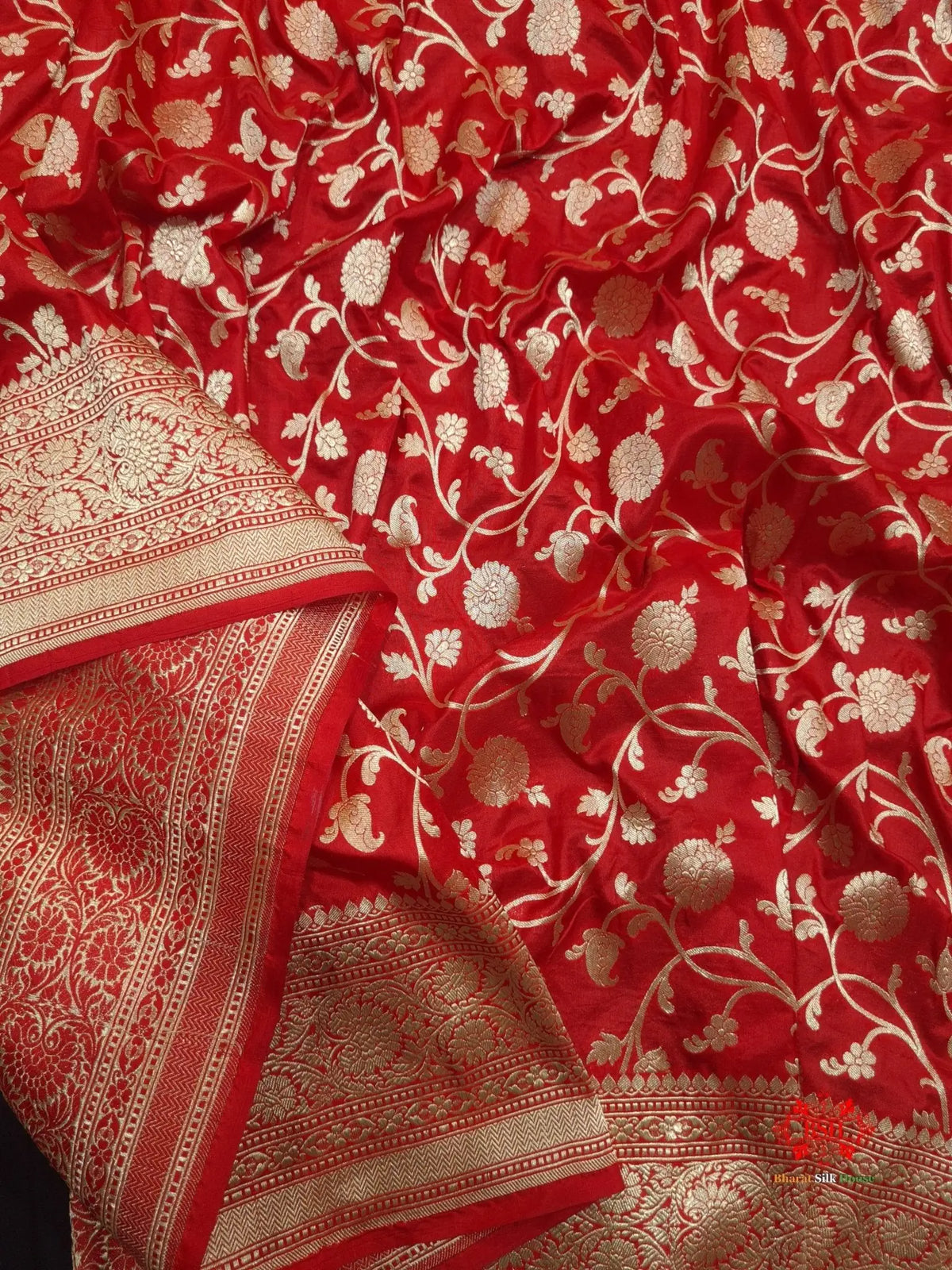 Handloom Banarasi Pure Katan Silk Floral Jaal In Shades Of Red - Bharat Silk House Pure Kataan Silk