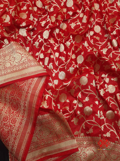 Handloom Banarasi Pure Katan Silk Floral Jaal In Shades Of Red - Bharat Silk House Pure Kataan Silk