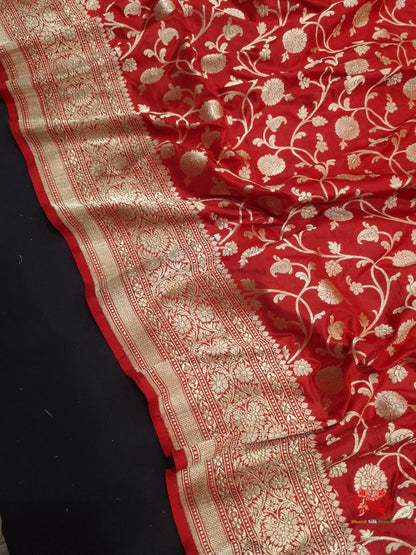 Handloom Banarasi Pure Katan Silk Floral Jaal In Shades Of Red - Bharat Silk House Pure Kataan Silk