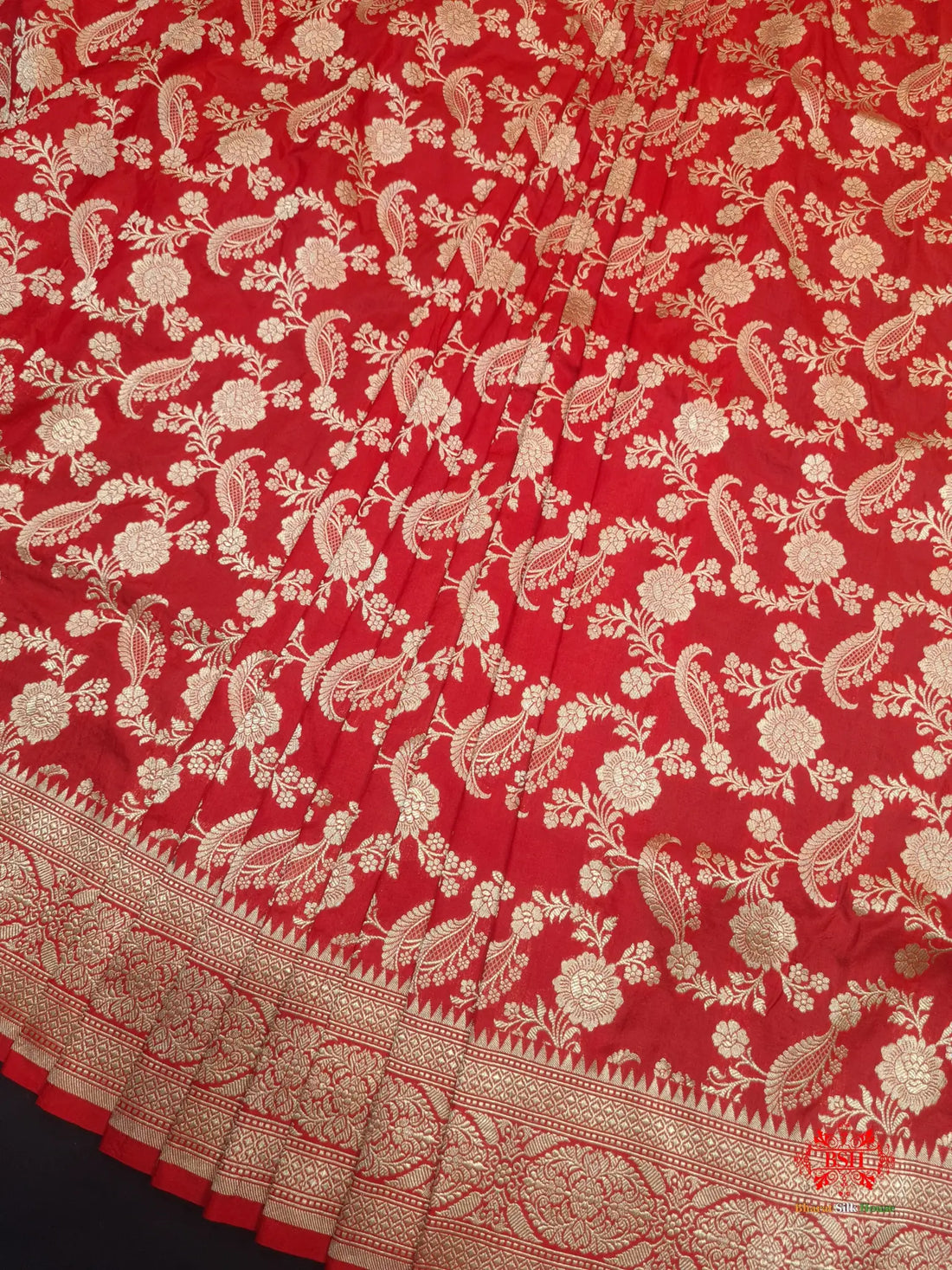 Handloom Banarasi Pure Katan Silk Floral Jaal In Shades Of Red - Bharat Silk House Pure Kataan Silk