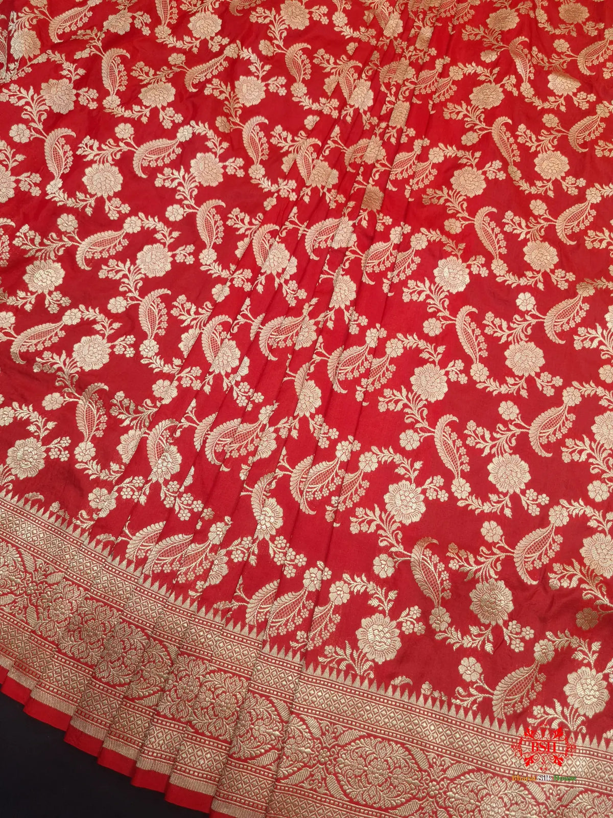 Handloom Banarasi Pure Katan Silk Floral Jaal In Shades Of Red - Bharat Silk House Pure Kataan Silk